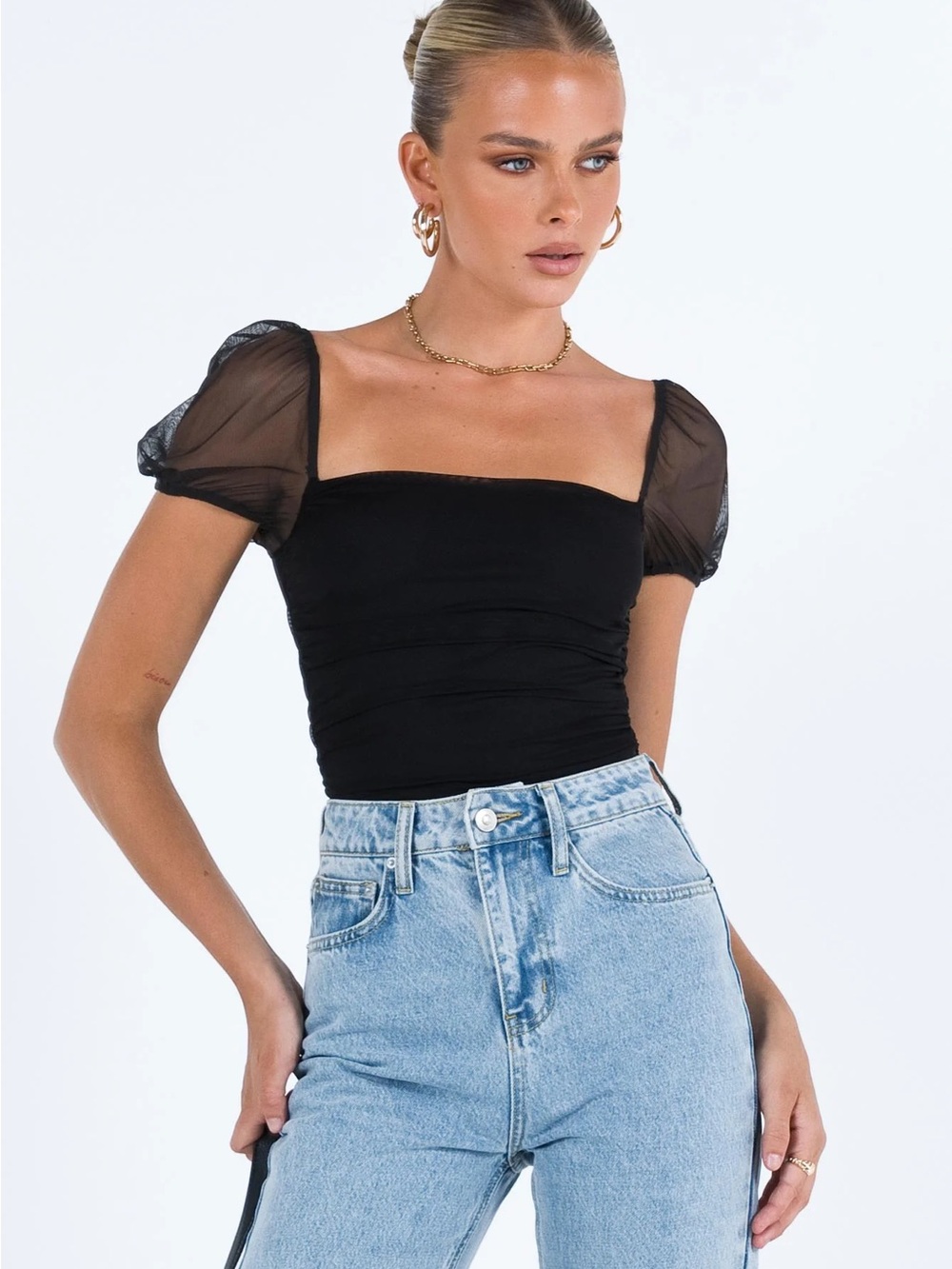 Princess Polly Dostan Bodysuit Black Square Neck Puff Sleeve Top